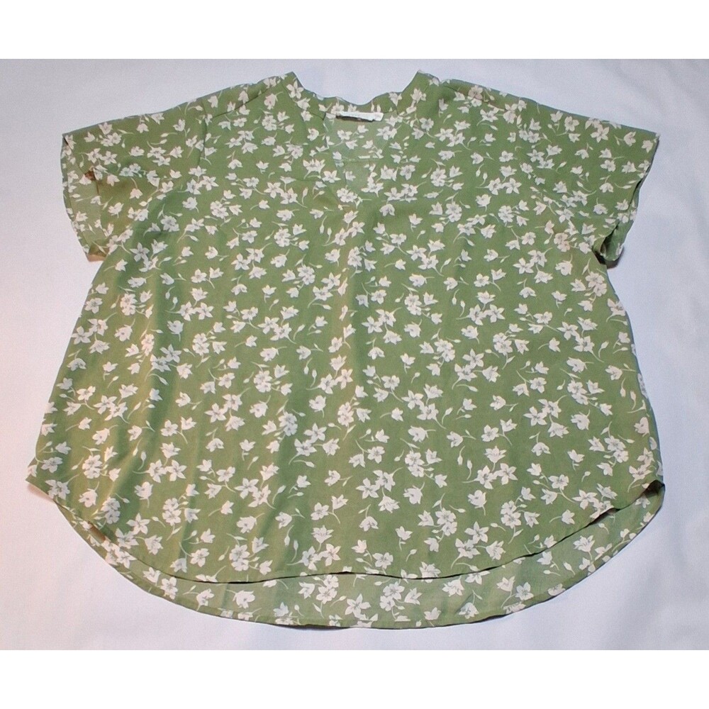 LUSH Plus 1X Blouse Olive Green Floral Split V-Neck Short Sleeve Chiffon Flowy